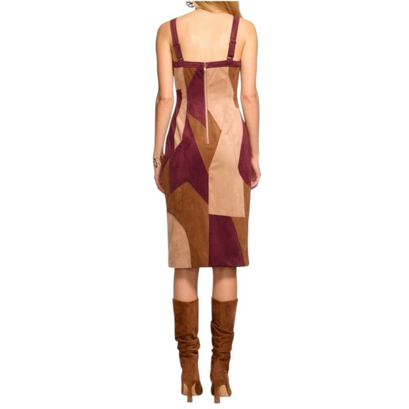 Ramy Brook Odette Patchwork Faux Suede Dress Size O Brown Burgundy Western Boho - Picture 2 of 11